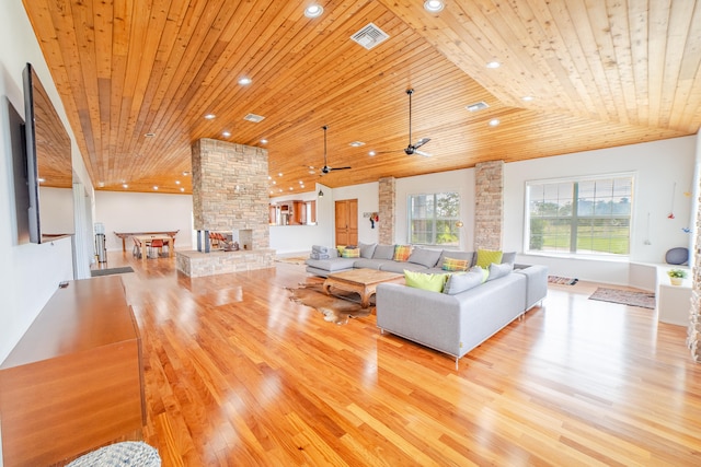 unfurnished living room featuring ceiling fan, wooden ceiling, a fireplace, and light hardwood / wood-style flooring