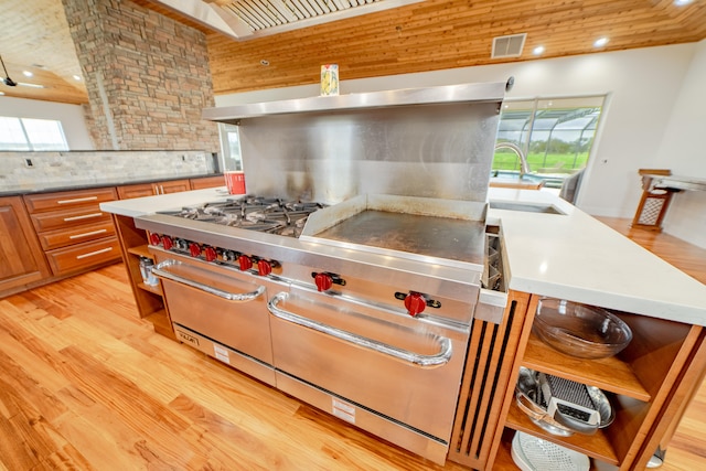 kitchen featuring decorative backsplash, light hardwood / wood-style floors, wooden ceiling, and sink