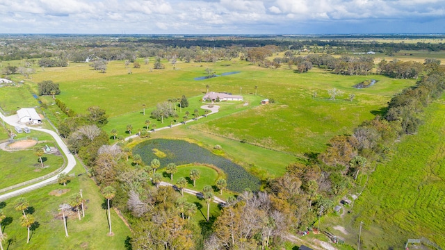 bird's eye view featuring a rural view and a water view