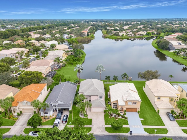 bird's eye view with a water view