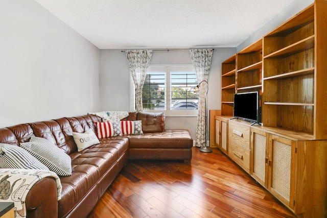 living room featuring dark hardwood / wood-style flooring and a textured ceiling