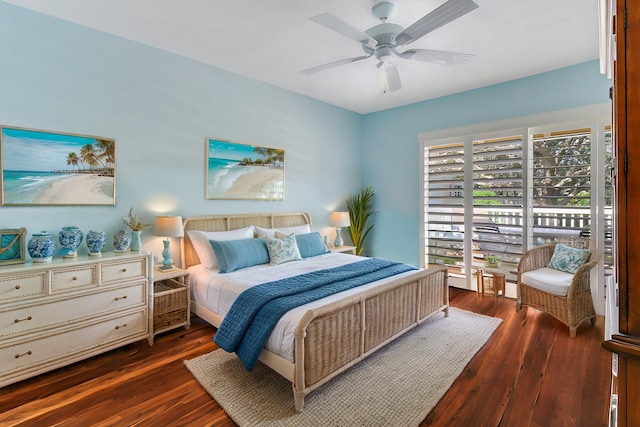 bedroom featuring dark wood-type flooring, ceiling fan, and access to outside