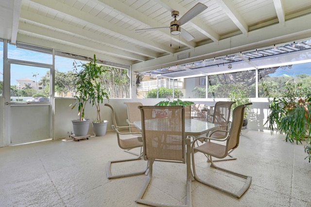 sunroom featuring ceiling fan and beam ceiling