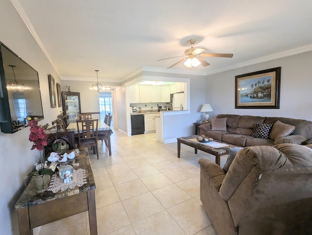 living room featuring light tile patterned floors, crown molding, and ceiling fan with notable chandelier