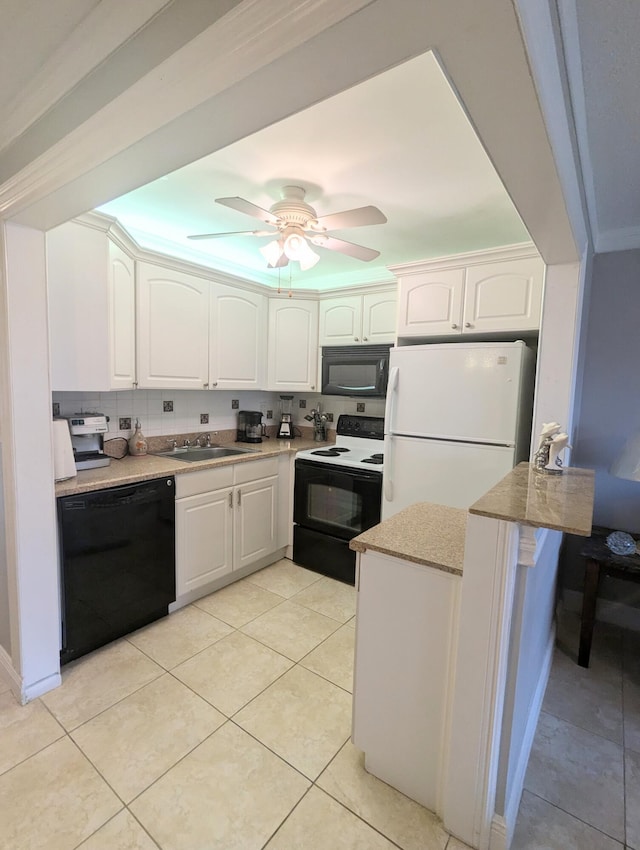 kitchen featuring white cabinetry, black appliances, ceiling fan, light tile patterned floors, and backsplash