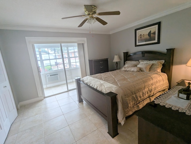 bedroom featuring ornamental molding, ceiling fan, light tile patterned floors, a closet, and access to outside