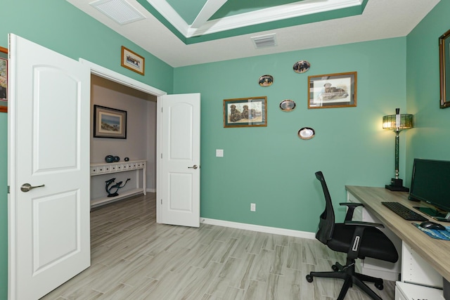 office featuring light hardwood / wood-style floors and ornamental molding