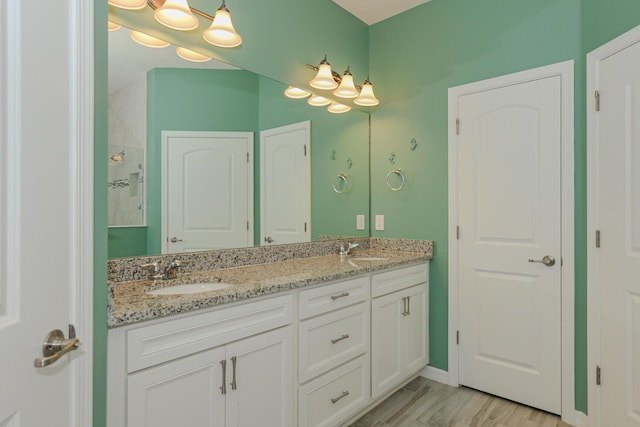 bathroom with wood-type flooring and vanity