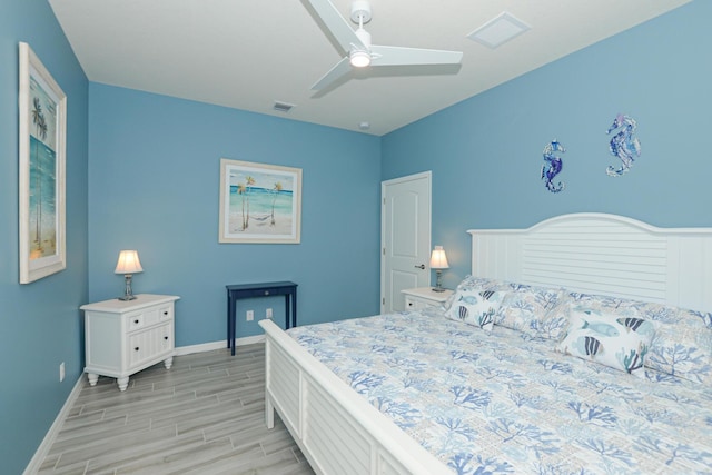 bedroom with ceiling fan and light wood-type flooring