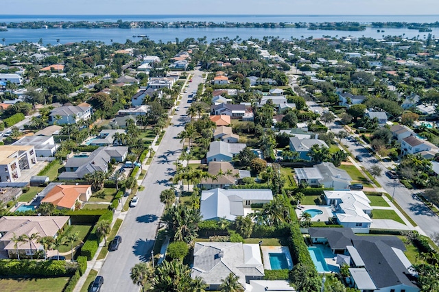 drone / aerial view featuring a water view