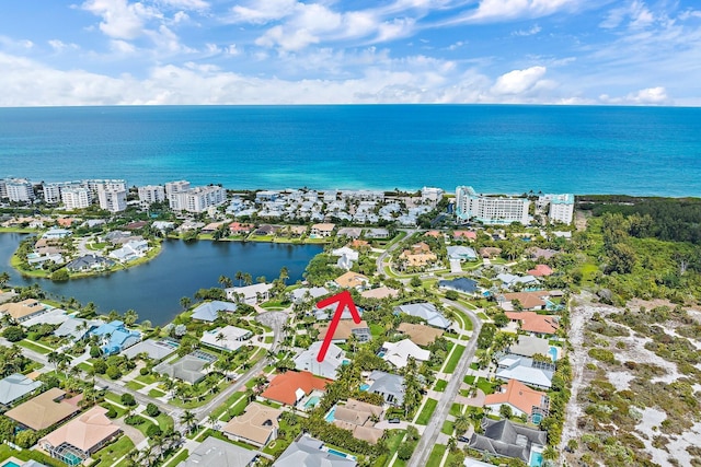 aerial view featuring a water view