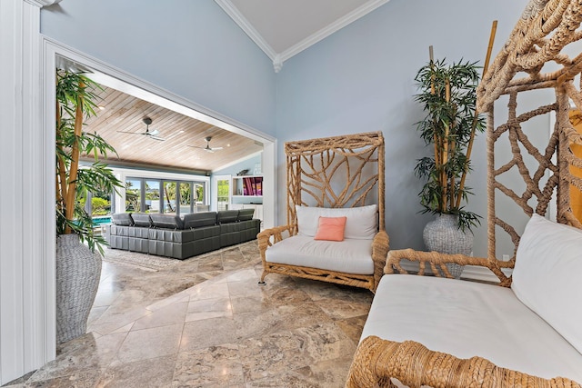 sitting room featuring ornamental molding, high vaulted ceiling, ceiling fan, and wood ceiling