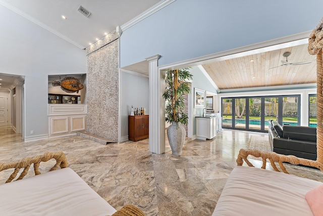 living room featuring wooden ceiling, ceiling fan, crown molding, and high vaulted ceiling