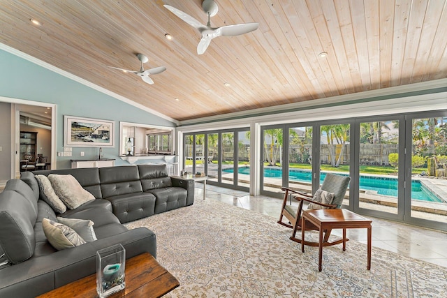 living room featuring light tile patterned flooring, crown molding, vaulted ceiling, wooden ceiling, and ceiling fan