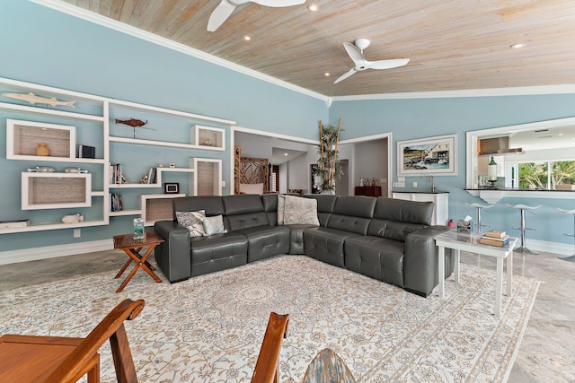 living room featuring high vaulted ceiling, ceiling fan, crown molding, and wooden ceiling