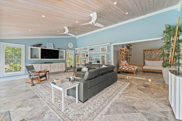 living room with crown molding, vaulted ceiling, ceiling fan, and wood ceiling