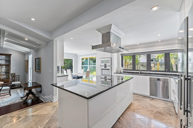 kitchen with white cabinetry, a spacious island, black electric stovetop, island exhaust hood, and stainless steel dishwasher