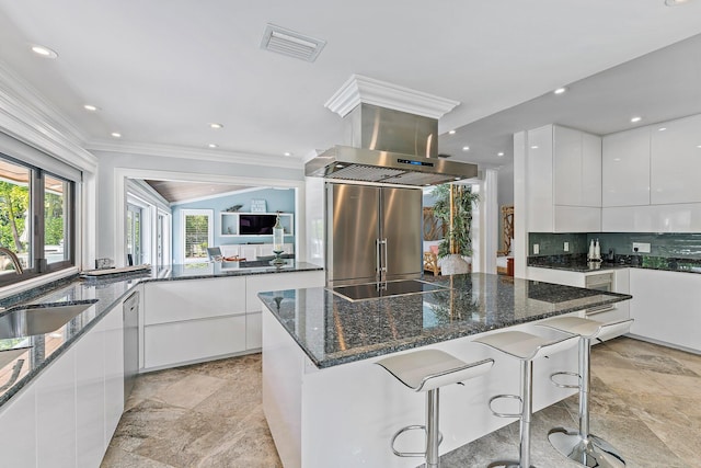 kitchen featuring white cabinetry, island range hood, a kitchen breakfast bar, and appliances with stainless steel finishes