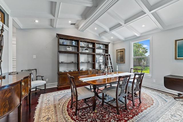 dining area featuring dark wood-type flooring, coffered ceiling, and lofted ceiling with beams