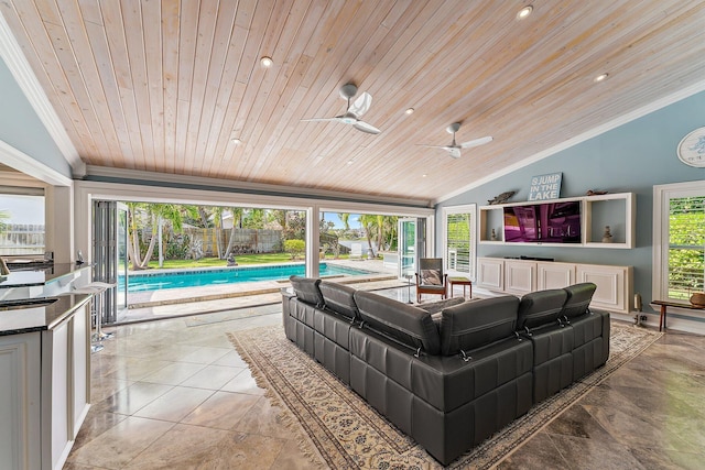 interior space featuring wood ceiling, lofted ceiling, and a wealth of natural light