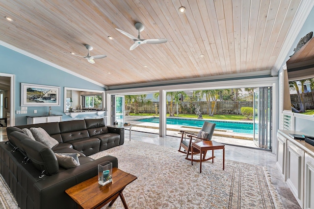 living room with lofted ceiling, crown molding, and wooden ceiling