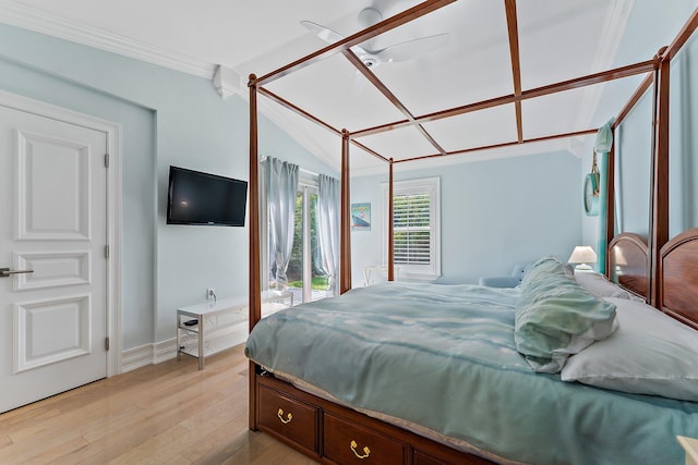 bedroom featuring ceiling fan, ornamental molding, light hardwood / wood-style flooring, and access to outside