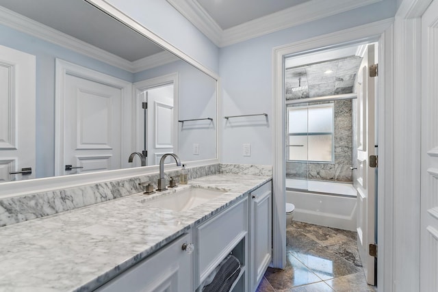 full bathroom with toilet, shower / bath combination with glass door, crown molding, and vanity