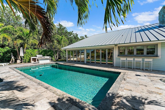 view of pool with an outdoor kitchen