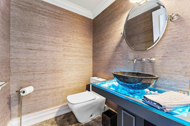 bathroom with toilet, vanity, and crown molding