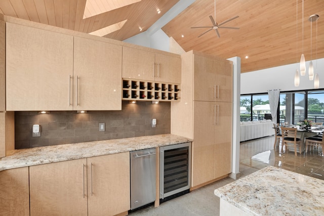 kitchen featuring beverage cooler, light stone counters, light brown cabinets, pendant lighting, and lofted ceiling with beams