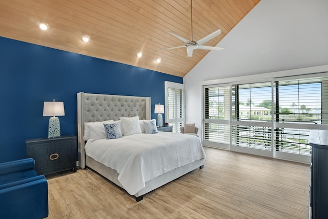 bedroom featuring wooden ceiling, light hardwood / wood-style floors, ceiling fan, and high vaulted ceiling