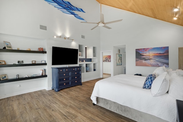 bedroom with high vaulted ceiling, hardwood / wood-style floors, wooden ceiling, and ceiling fan