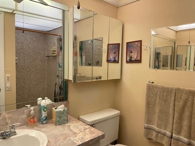 bathroom with vanity, toilet, and tiled shower