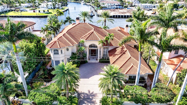 birds eye view of property featuring a water view