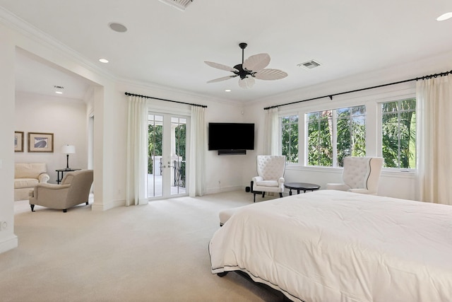 bedroom with multiple windows, access to outside, ceiling fan, and crown molding