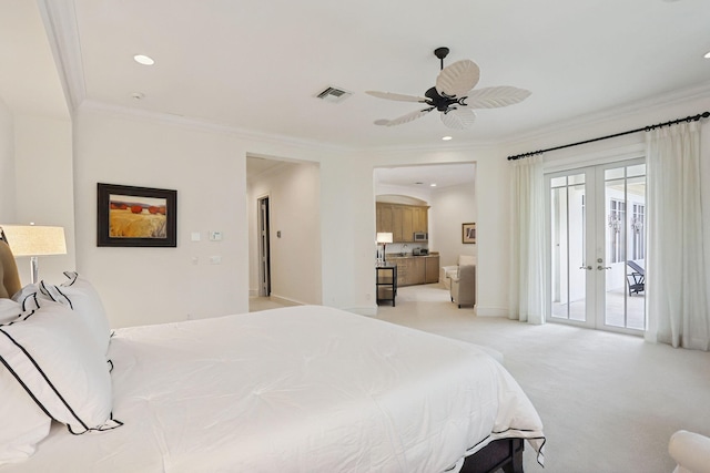 carpeted bedroom with french doors, access to outside, ceiling fan, and ornamental molding