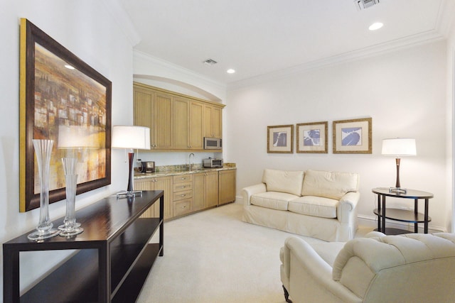 carpeted living room featuring crown molding