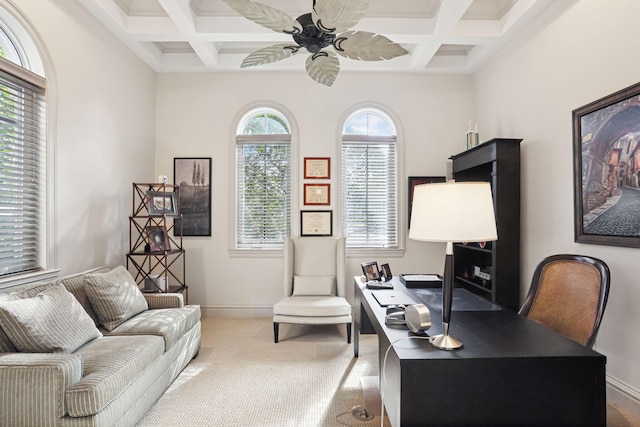 office space featuring beam ceiling, ceiling fan, and coffered ceiling