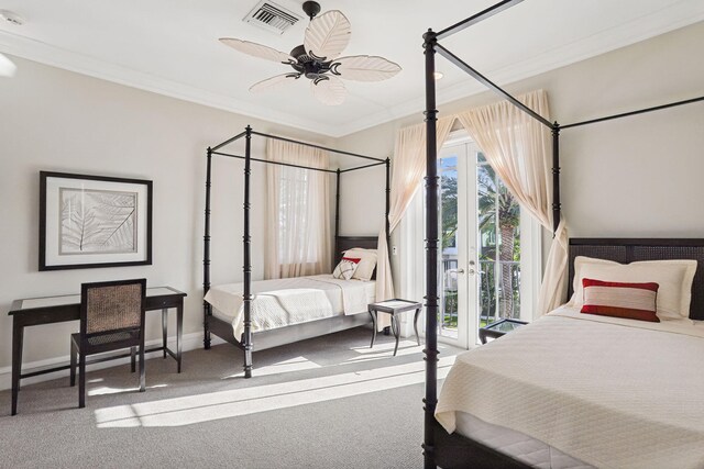 bedroom featuring carpet floors, access to outside, ceiling fan, and ornamental molding