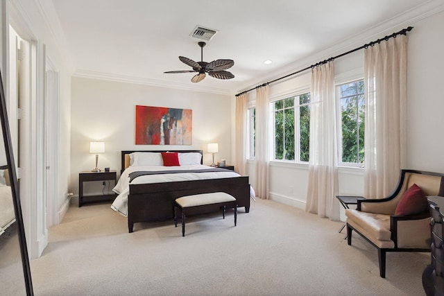 bedroom with light carpet, ceiling fan, and ornamental molding