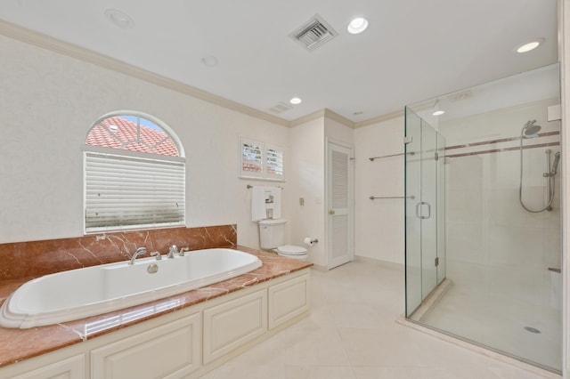 bathroom featuring tile patterned floors, toilet, crown molding, and independent shower and bath