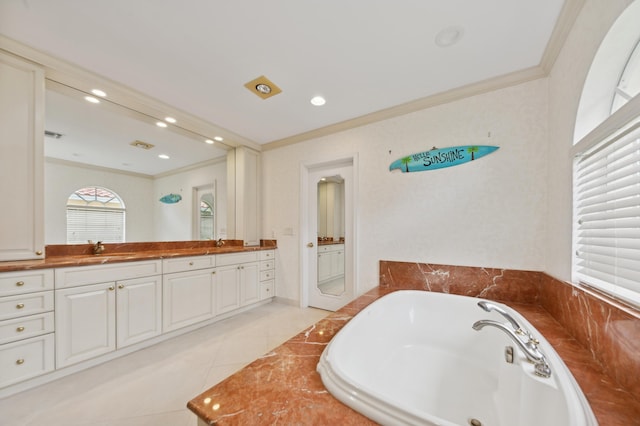 bathroom featuring tile patterned flooring, vanity, a relaxing tiled tub, and ornamental molding