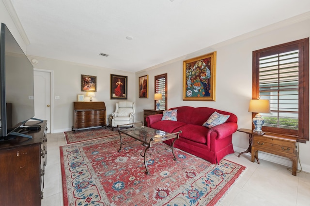 tiled living room featuring crown molding