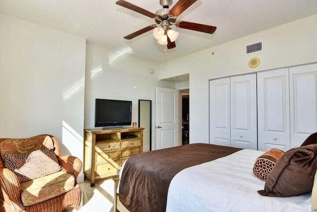 bedroom with ceiling fan and a closet