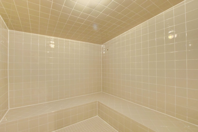 bathroom featuring vaulted ceiling and a tile shower