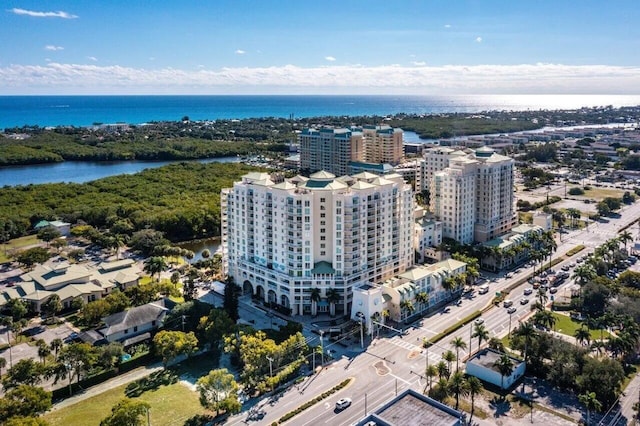 bird's eye view with a water view