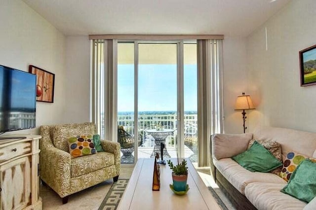 living room featuring expansive windows and a healthy amount of sunlight