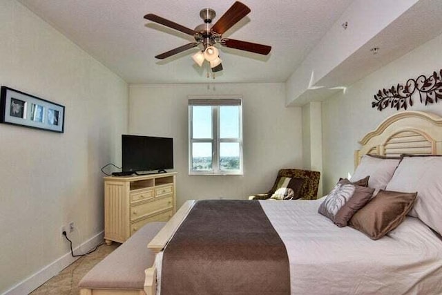 bedroom featuring ceiling fan and a textured ceiling