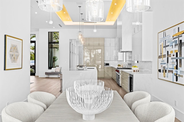 dining room featuring light hardwood / wood-style flooring, sink, and a tray ceiling