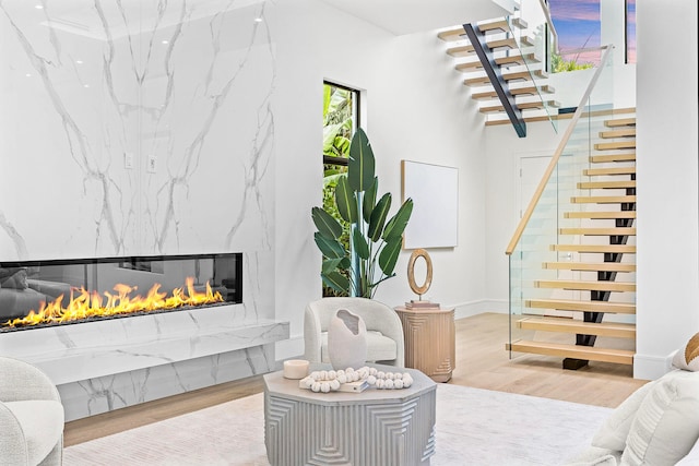 living room with light hardwood / wood-style floors and a high end fireplace